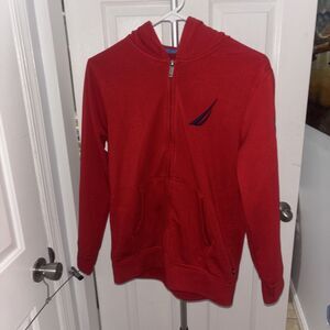 Nautica Size 14/16 Red Full Zip Hoodie Sweatshirt with Hoodie Logo On Front